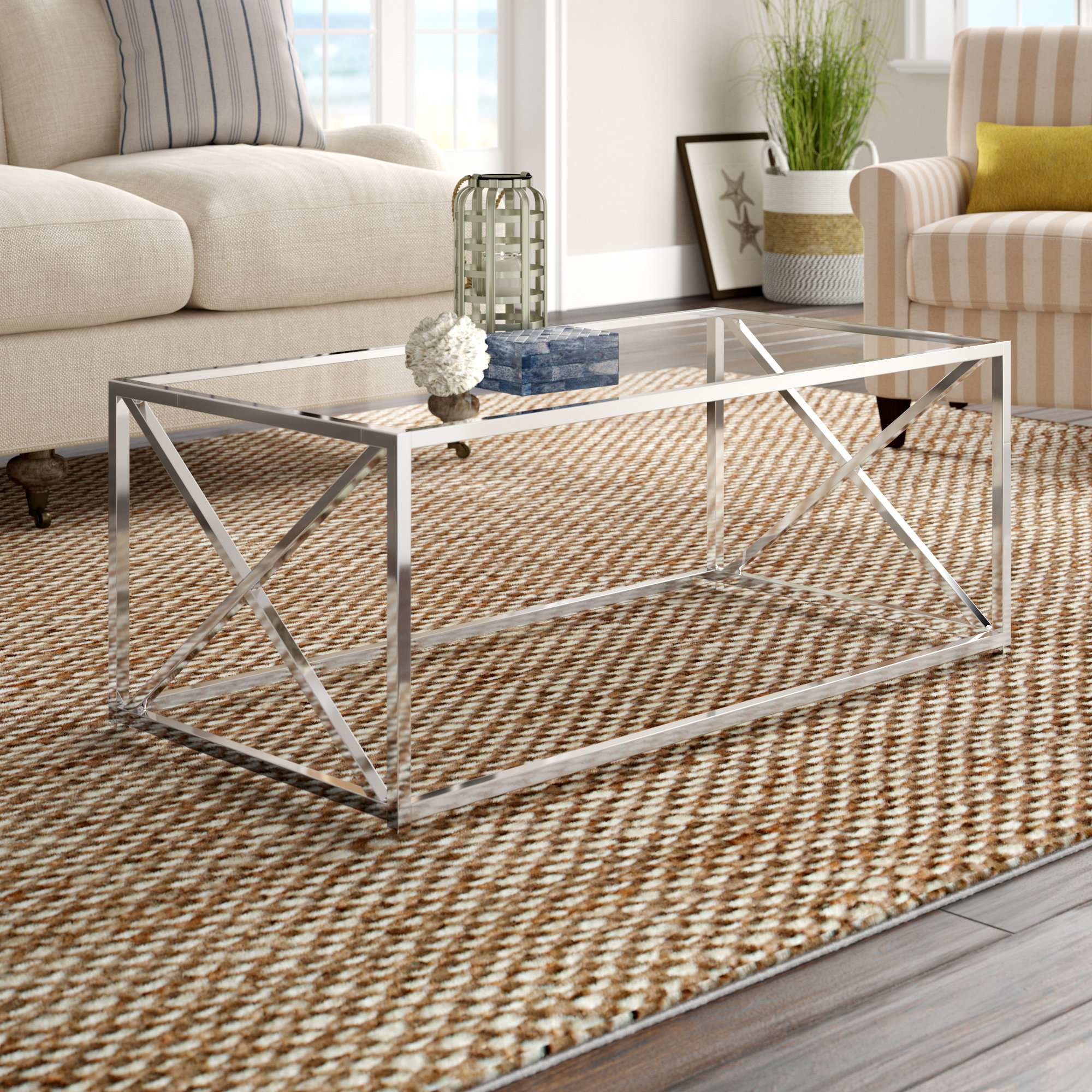 Breakwater Bay Geise Coffee Table Accent Cocktail Rectangular Living Room 44 L Metal Tempered Glass Clear Reviews Wayfair
